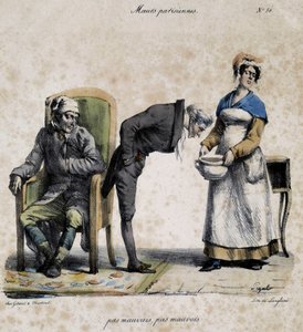 Chory, lekarz patrzący w garnek i służący. Rysunek przedstawiający paryskie obyczaje Pigala (XIX w.), zachowany w Musee Dobree w Nantes. autorstwa Edme Jean (after) Pigal
