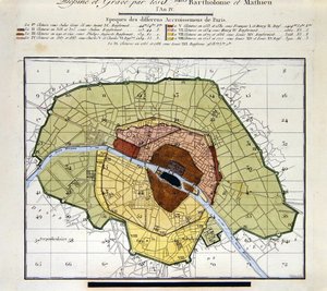 Szczegół Atlas du Plan General de la Ville de Paris, pokazujący różne dodatki w historii miasta autorstwa Edme Verniquet