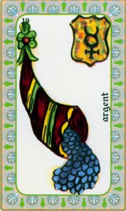 tarot autorstwa maga Belline’a narysowany przez Edmonda Billaudota ok. 1845 i przekazany jasnowidzowi Bellinowi do ponownego wydania: karta pieniężna: monety w rogu obfitości autorstwa Edmond Billaudot