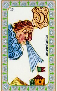 tarot autorstwa maga Belline’a narysowany przez Edmonda Billaudota ok. 1845 i przekazany jasnowidzowi Bellinowi do ponownego wydania: karta zmienności: wieje wiatr autorstwa Edmond Billaudot