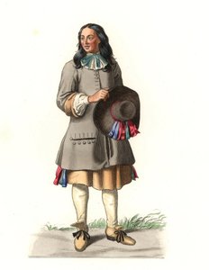 Francuski chłop XVII wiek, po rycinie z 1679 r. Jean Saint Jean - Litografia ilustracji Edmonda Lechevallier-Chevignarda (1825-1902), z „Costumes historiques des 16e autorstwa Edmond Lechevallier Chevignard