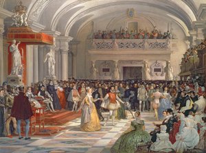 Ślub Henryka de Bourbon, króla Nawarry, z Małgorzatą de Valois w obecności Katarzyny Medycejskiej i Karola IX w 1572, 1862