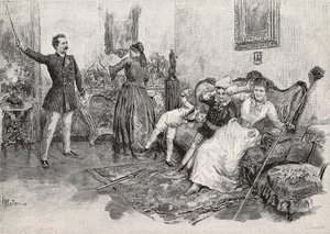 Dwie kobiety i dwoje dzieci przestraszonych przez zastraszającego mężczyznę, rycina z ilustracji Edoardo Matania do książki Życie wojskowe we Włoszech Edmondo De Amicis (1846-1908), z L