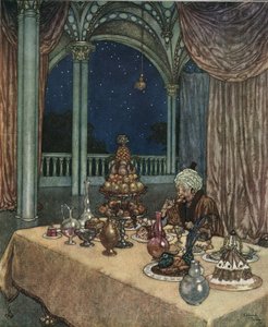 Piękna i Bestia: Ojciec Belli przybywa do zamku i odkrywa stół wypełniony prowiantem, ok. 1910 r. (litografia) autorstwa Edmund Dulac