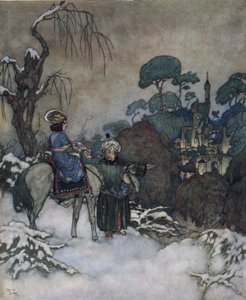 Piękna i bestia: Belle, która zgodziła się zająć miejsce swojego ojca uwięzionego w Bete, aby go uwolnić, zmierza w kierunku zamku, ok. 1910 r. (litografia) autorstwa Edmund Dulac