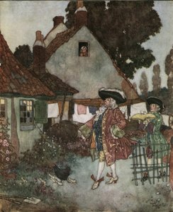 Kopciuszek (Cinderella): minister szuka po wszystkich chatach i domach królestwa dziewczyny, która zgubiła pantofelek ok. 1910 r. (litografia) autorstwa Edmund Dulac