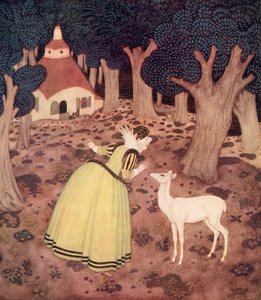 "Giroflee podziękowała Wróżce i poszła daleko w las; i tam, z pewnością, zobaczyła chatkę i starą kobietę siedzącą na zewnątrz", ilustracja z francuskiej baśni The Hind of the Wood, z książki Edmunda Dulaca Fairy-Book: Bajki narodów sprzymierzonych, autorstwa Edmund Dulac