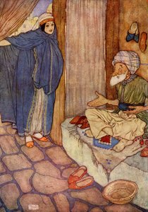 Mustafa bardzo wątpił w swoją zdolność do powstrzymywania się od pytań, ilustracja z "Ali Baba i czterdziestu złodziei autorstwa Edmund Dulac