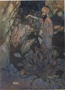 Otwarty sezam, ilustracja z filmu "Ali Baba i czterdziestu złodziei" (kolorowa litografia) autorstwa Edmund Dulac
