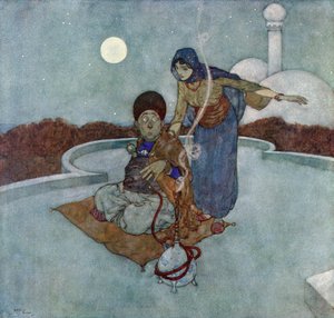 Zawołała: "O nieszczęsny człowieku, cóż to za żałosny zegarek, który trzymasz", ilustracja z "Opowieści o magicznym koniu". autorstwa Edmund Dulac