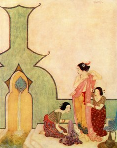 Dama z Bedr-el-budur przychodzi do łaźni, ilustracja z filmu "Aladyn i cudowna lampa autorstwa Edmund Dulac