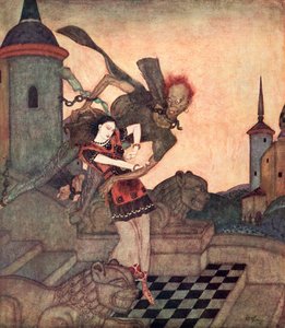 "Książę, wyglądając na zewnątrz, zobaczył, jak porywa księżniczkę i szybko odlatuje", ilustracja z serbskiej baśni Opowieść o Baszteliku, z książki Edmunda Dulaca Fairy-Book: Fairy Tales of the Allied Nations, wyd. 1916 r. autorstwa Edmund Dulac