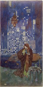 "Kielich wina, który daje mu każdej nocy, zawiera nasenne przeciąganie", ilustracja do "King of the Ebony Isles". autorstwa Edmund Dulac