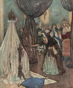 Śpiąca królewna: stary czart pochyla się nad łóżeczkiem księżniczki i przeklina ją, ok. 1910 r. (litografia)