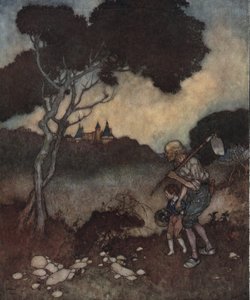 Śpiąca królewna: wieże zamku księżniczki pojawiają się ponad drzewami. autorstwa Edmund Dulac
