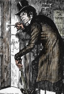 Pan Hyde wraca do domu po nocy pełnej przygód, aby zażyć antidotum i powrócić do postaci doktora Jekylla, ilustracja autorstwa Edmunda Josepha Sullivana (1869-1933) do powieści L