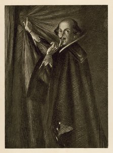 William Shakespeare trzymający zasłonę i mówiący nam, żebyśmy byli cicho (lito) autorstwa Edmund Joseph Sullivan