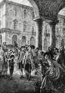 Spotkanie pod arkadami Turynu, ilustracja do Burzy, Satet, Turyn autorstwa Edoardo Calandra