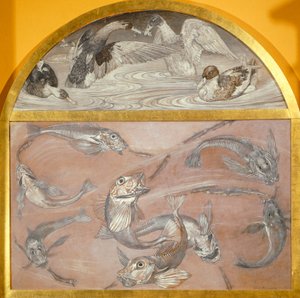 Dyptyk z rybą i kaczkami w stawie (tempera na karcie) autorstwa Edoardo Gioja