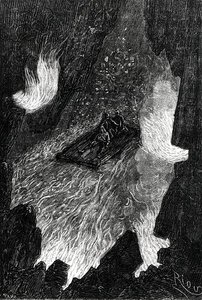 Tratwa falowała na falach lawy, ilustracja z „Voyage au center de la terre” Julesa Verne