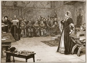 Proces Marii Królowej Szkotów w zamku Fotheringhay, ilustracja z „Ilustrowanej historii Anglii Cassella” (zdjęcie w sepii) autorstwa Edouard Berveiller