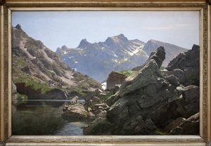 Jezioro Merlat, obraz olejny autorstwa Edouarda Bruna (1860-1935) wykonany w 1901 roku, jezioro znajduje się w łańcuchu Belledonne w Isere. Photophraphie, KIM Youngtae, Grenoble, Musee de Grenoble. autorstwa Edouard Brun