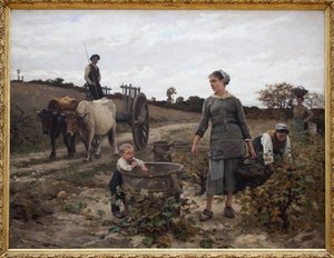 Narożnik winorośli; Langwedocja. Wiejska scena z mężczyzną na wózku, kobietami zbierającymi winogrona i dzieckiem jedzącym zebrane owoce. Obraz Edouarda Debata Ponsana (1847-1913), olej na płótnie autorstwa Edouard Debat Ponsan