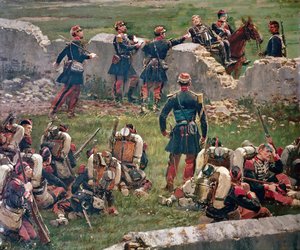 Wieczór bitwy pod Rezonville Gravelotte. Grenadierzy Gwardii Cesarskiej w spoczynku, 16 sierpnia autorstwa Jean-Baptiste Edouard Detaille