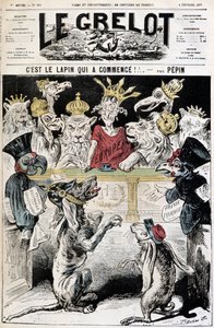 Królik zaczął! - Karykatura o konflikcie francusko-niemieckim, pies w pruskim hełmie denuncjuje królika w czapce armii francuskiej, przed sądem przewodniczy Europie i zawiera drapieżne ptaki i korony - Ilustracja autorstwa Edouarda Pepina (C