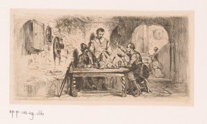 Trzech żołnierzy przy stole na dziedzińcu, jeden z nich czyta z książki autorstwa Edouard Hamman