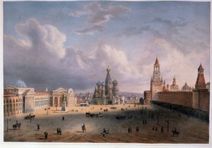 Widok na Plac Czerwony w Moskwie (Rosja). Praca Edouarda Jeana Marie Hosteina (1804-1889), litografia kolorowana akwarelą, ok. 1830, XIX-wieczna sztuka francuska. Muzeum Pamięci A. Puszkina, Sankt Petersburg. autorstwa Edouard Jean Marie Hostein