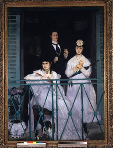 Balkon Dwie młode kobiety trzymające wachlarz i parasol oraz mężczyzna w krawacie. Portret Berthe Morisot (1841-1895), francuskiej malarki, Fanny Claus (1846-1877), skrzypka, Antoine