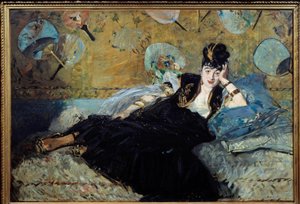 La dame aux eventails ou „” Portrait de Nina de Callias (1844-1884) ou Nina de Villard”” Prowadziła bardzo znany salon pod koniec XIX wieku. Obraz Edouarda Maneta (1832-1883) 1873 Nd. 1,13x1,66 m Paryż, musee d