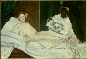 Olympia Młoda kobieta nago na łóżku z czarną pokojówką przynoszącą jej bukiet kwiatów. Obraz Edouarda Maneta (1832-1883) 1863 Nd. 1,3x1,9 m Paryż, musee d