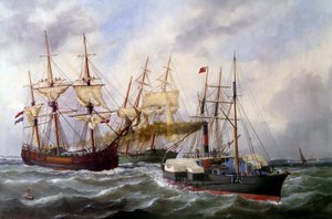 Dwie przyczepy z trzema matami autorstwa Le Neptune au Havre w 1882 r. Obraz Edouarda Adama (1847-1929) 1882 r. Paryż, Musee de la Marine