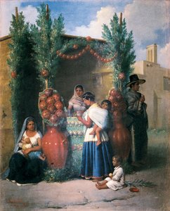 Scena przy barze na ulicy w Meksyku: kobieta karmi piersią swoje dziecko, inna pije i nosi dziecko na plecach, dziecko bawi się na ziemi. Obraz Edouarda Pingreta (1788-1875), połowa XIX wieku. Meksyk. Bank Narodowy