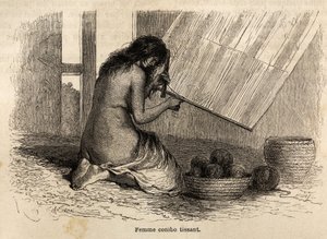 Indian Conibo z Peru, tkający, narysowany przez Riou, aby zilustrować podróż P. Marcoya w latach 1848-1860 z Oceanu Spokojnego do Oceanu Atlantyckiego. Grawerowanie w „”Le tour du monde””, pod redakcją Edouarda Chartona autorstwa Edouard Riou