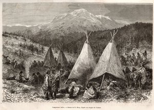 Obóz indiański na terytorium stanu Utah, nad brzegiem Riviere Verte. Grawerowanie według rysunku E.Riou, aby zilustrować historię La conquete blanche, autorstwa Williama Hepwortha Dixona, w 1875 r., opublikowane w „” Le tour du monde””” 1876, pod redakcją  autorstwa Edouard Riou