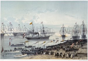 Przybycie Jego Królewskiej Mości Cesarza Austrii do Port Said podczas „”Inauguracji Kanału Sueskiego przez G. Nicole. 1869