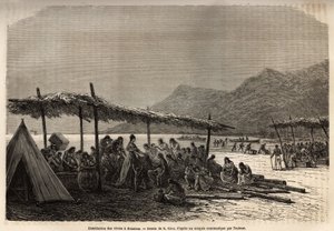 Dystrybucja żywności w Keauhou, po trzęsieniu ziemi i erupcji wulkanu w 1868 roku, dla ofiar katastrofy, rycina wg rysunku E.Riou, ilustrująca podróż na Wyspy Sandwich, w latach 1855-1869, autorstwa C. de Varigny, opublikowane w „” Le autorstwa Edouard Riou