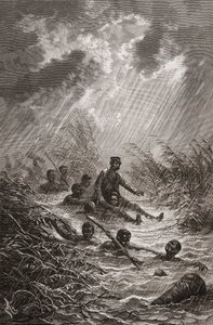Dr David Livingstone przenoszony przez bagno przez tragarzy podczas wyprawy do Afryki w 1872 r., ilustracja z „Świata w rękach”, grawerowana przez Charlesa Laplante autorstwa Edouard Riou