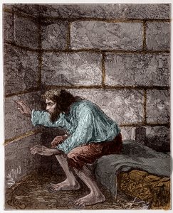 Edmond Dantes, aka Hrabia Monte Christo (Monte Cristo) w swoim więzieniu - Grawerowanie przez Riou, w „Hrabia Monte-Cristo” Aleksandra Dumasa