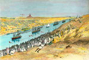 Inauguracja Kanału Sueskiego Kanał powstał w celu połączenia Morza Czerwonego z Morzem Śródziemnym. Ilustracja Edouarda Riou (1833-1900) 1869 Kolekcja prywatna autorstwa Edouard Riou