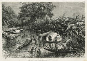 Wioski Inondes, rysunek Riou, ilustrujący historię podróży do Gabonu i rzeki Ogoue w latach 1875-1877 autorstwa Alfreda Marche. Grawerowanie w Le tour du monde autorstwa Edouard Riou