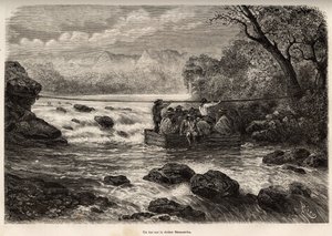 La traversee par le bac de la Riviere Mesacancha (Bas Peru), rycina E.Riou ilustrująca podróż w góry, dolinę Huarancalqui i regiony Pjonal, w latach 1862-1863, autorstwa Paula Marcoya, opublikowana w „” Le tour du monde”” 1875 autorstwa Edouard Riou