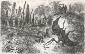 „Krajobraz okresu liasicznego”. Ilustracja przedstawiająca pterodaktyla autorstwa Edouard Riou