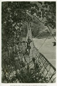 Most Liana nad Passą. Grawer autorstwa Riou, ilustrujący historię Podróże po Afryce Zachodniej autorstwa Edouard Riou