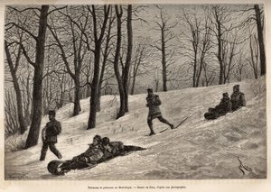 Luges et skaters au plateau du Mont-Royal, niedaleko Montrealu, rycina wg rysunku Riou, ilustrująca wycieczkę do Kanady i Riviere Rouge du nord, autorstwa H. De Lamotte, w 1873 r., opublikowana w „Le tour du monde” ”” 1875, pod redakcją Edouarda Chartona, autorstwa Edouard Riou