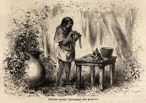 Wytwarzanie ceramiki przez Indianina Conibo z Peru, narysowane przez Riou, aby zilustrować podróż P. Marcoya w latach 1848-1860 z Oceanu Spokojnego do Oceanu Atlantyckiego. Grawerowanie w „”Le tour du monde””, pod redakcją Edouarda Chartona autorstwa Edouard Riou
