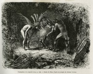 Fumigacja medyczna papierosami u Indian Roucouyan. Grawerowanie autorstwa Riou, aby zilustrować historię Cayenne aux Andes, autorstwa Julesa Crevaux, lekarza marynarki francuskiej, w latach 1878-1879, opublikowanej w Tour du monde, pod kierunkiem Edouarda 